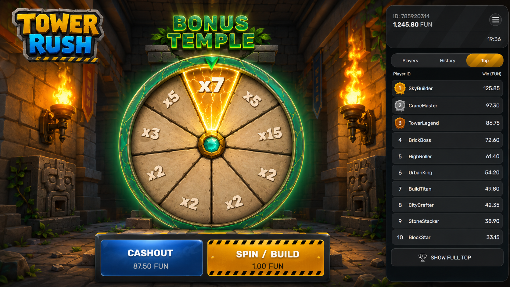 Tower Rush game Bonus Temple wheel with multipliers from x1.5 to x7 in Malaysia
